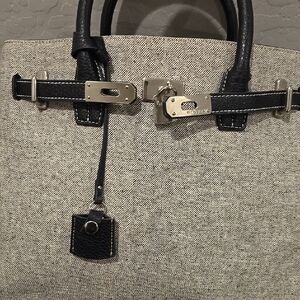 Woven Canvas Satchel with Black Leather Trim